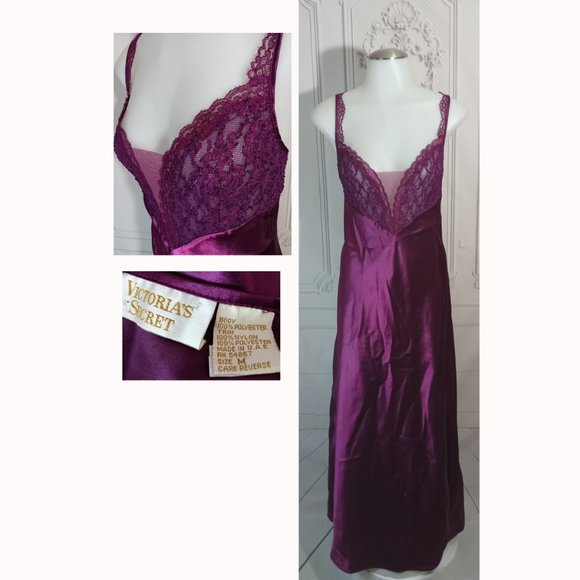 VTG Victoria's Secret Gold Label Purple Satin & Lace Long Slip Dress Gown Sz M